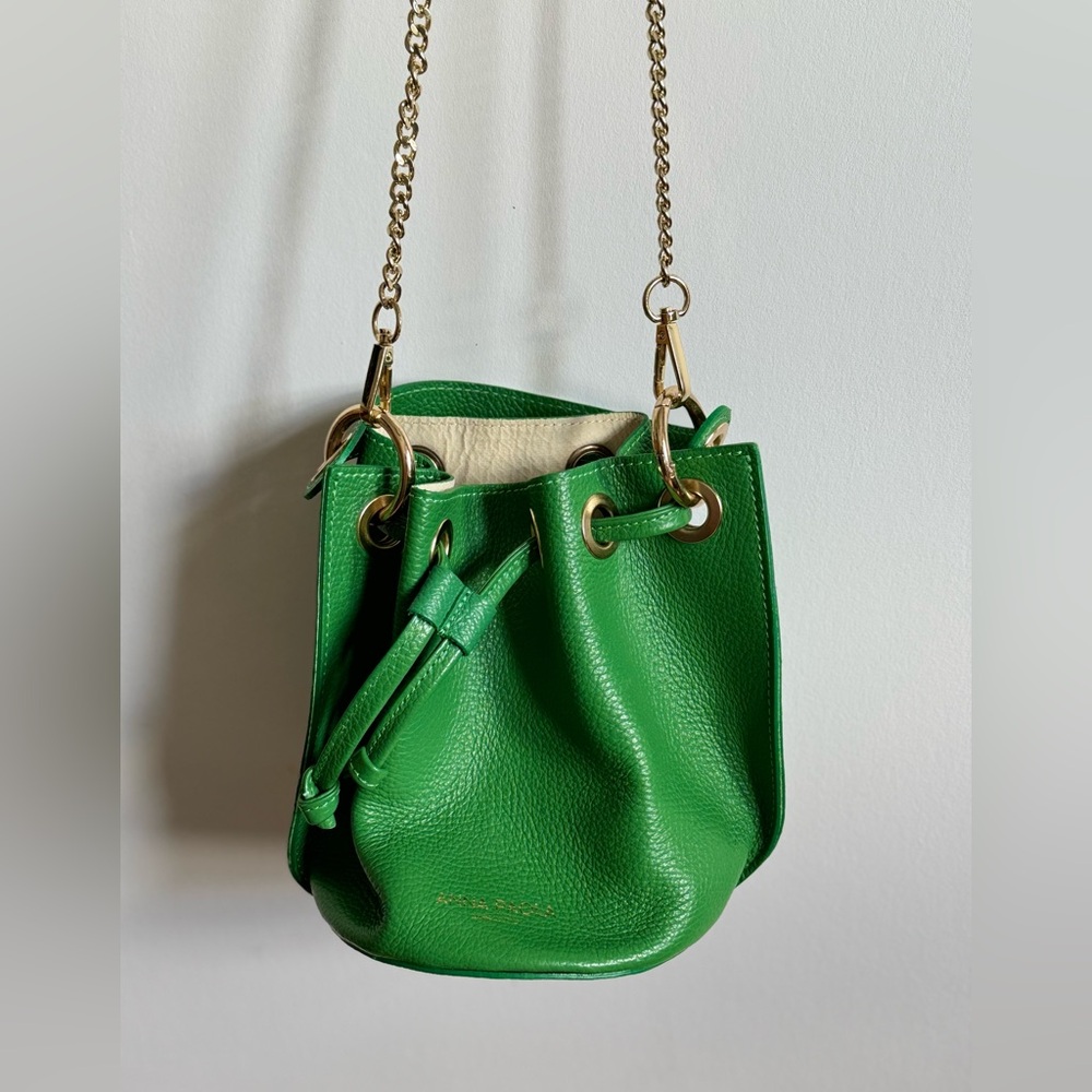 Anna Paola Genuine Pebbled Leather Green Bucket Bag with Gold Chain Strap